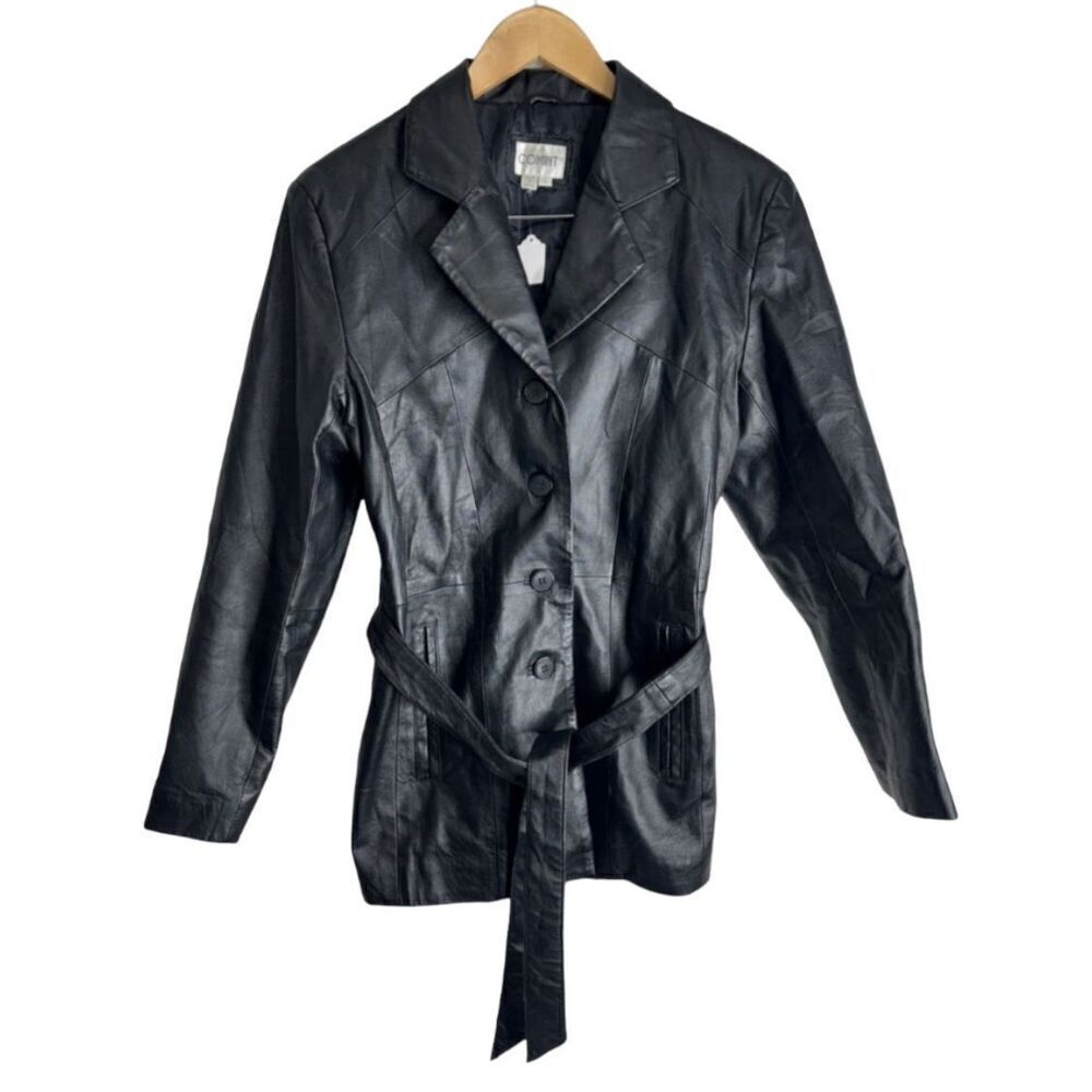 Comint Leather Jacket Womens Size‎ Small Black Tie Front Long Sleeve